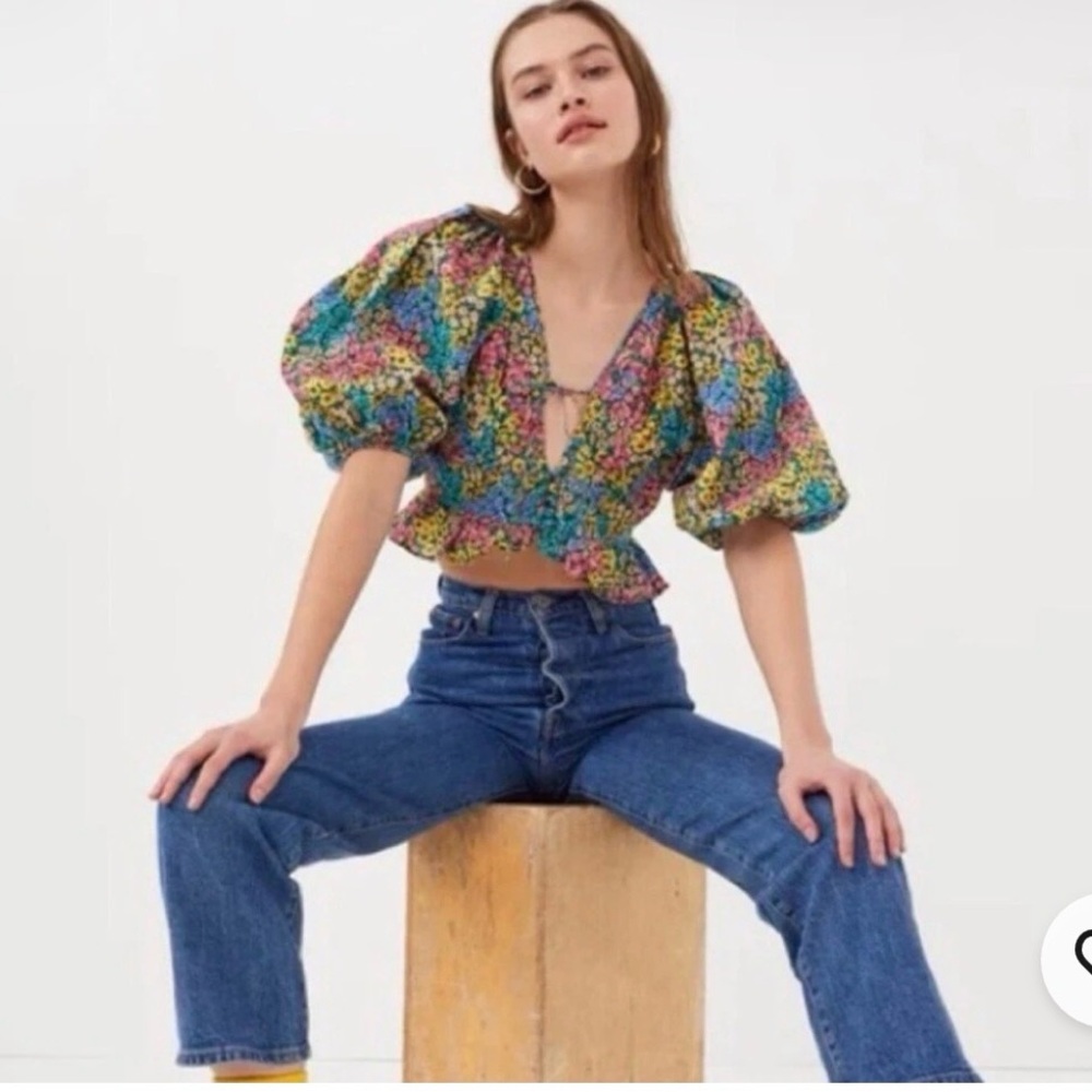 NWT For Love And Lemons Ruth Crop Top Puff Sleeve Multi Color Top XXS. $149